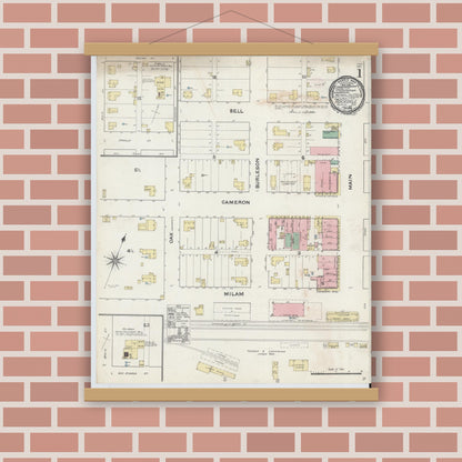 Old map wall art mockup — magnetic wood frame on brick wall — Sanborn Fire Insurance Map from Rockdale, Milam County, Texas (1891) - Complete Map Set