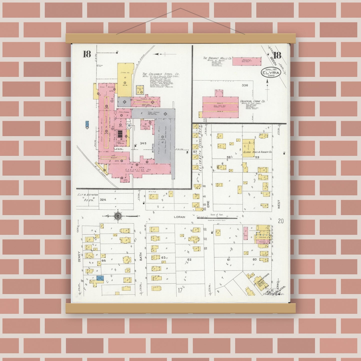 Old map wall art mockup — magnetic wood frame on brick wall — Sanborn Fire Insurance Map from Elyria, Lorain County, Ohio (1925), Sheet #0018