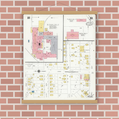Old map wall art mockup — magnetic wood frame on brick wall — Sanborn Fire Insurance Map from Elyria, Lorain County, Ohio (1925), Sheet #0018