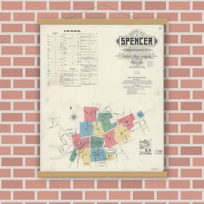 Old map wall art mockup — magnetic wood frame on brick wall — Sanborn Fire Insurance Map from Spencer, Worcester County, Massachusetts (1906), Sheet #0001