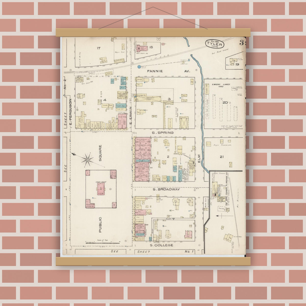 Old map wall art mockup — magnetic wood frame on brick wall — Sanborn Fire Insurance Map from Tyler, Smith County, Texas (1885), Sheet #0003