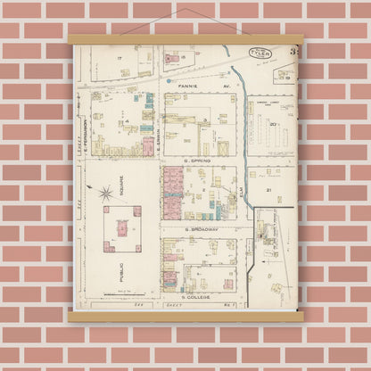 Old map wall art mockup — magnetic wood frame on brick wall — Sanborn Fire Insurance Map from Tyler, Smith County, Texas (1885), Sheet #0003