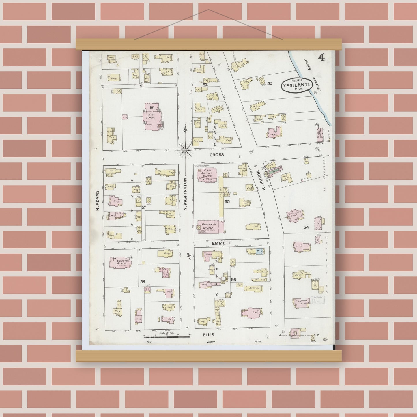 Old map wall art mockup — magnetic wood frame on brick wall — Sanborn Fire Insurance Map from Ypsilanti, Washtenaw County, Michigan (1888), Sheet #0004