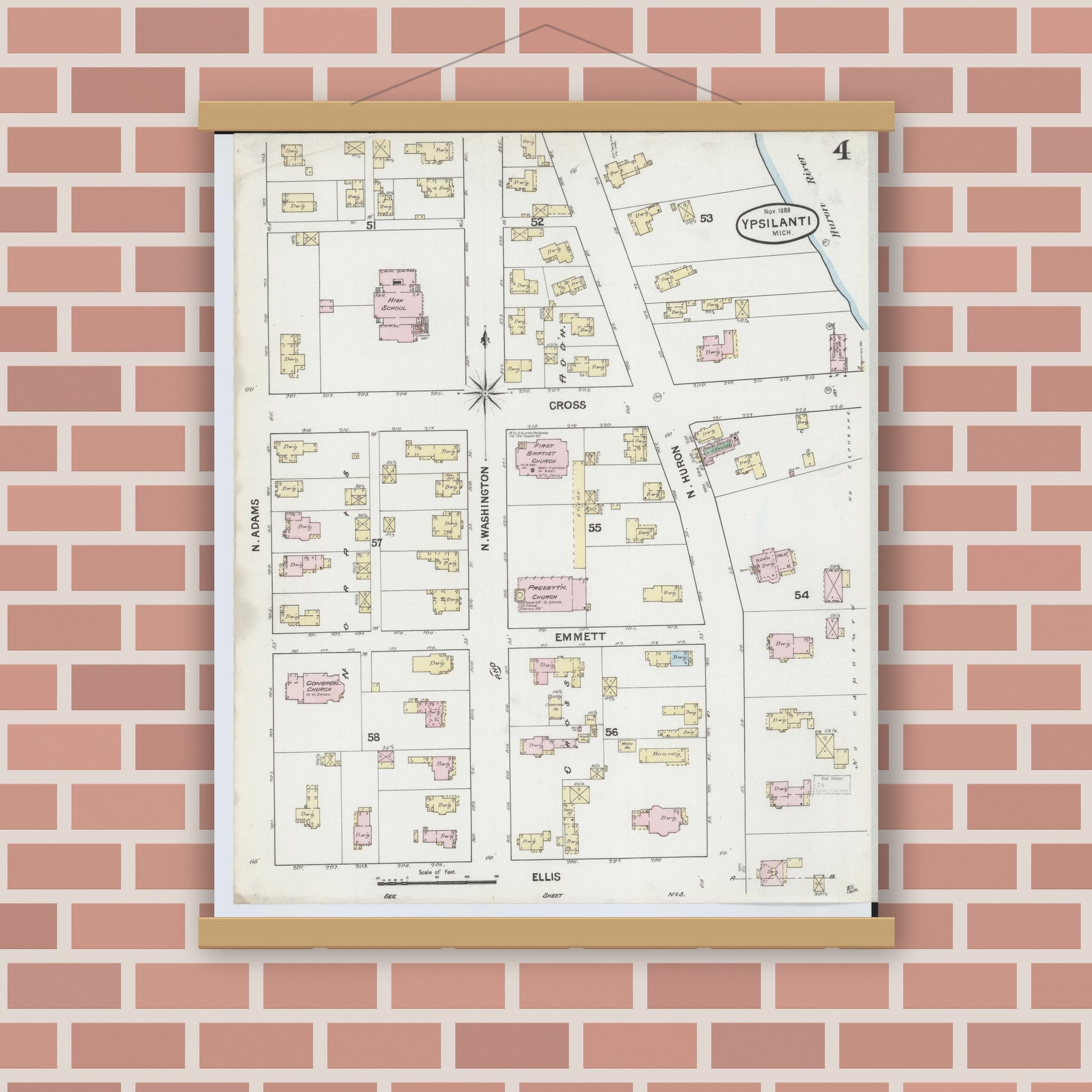 Old map wall art mockup — magnetic wood frame on brick wall — Sanborn Fire Insurance Map from Ypsilanti, Washtenaw County, Michigan (1888), Sheet #0004