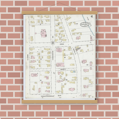 Old map wall art mockup — magnetic wood frame on brick wall — Sanborn Fire Insurance Map from Ypsilanti, Washtenaw County, Michigan (1888), Sheet #0004
