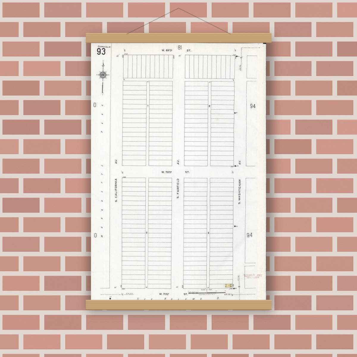 Old map wall art mockup — magnetic wood frame on brick wall — Sanborn Fire Insurance Map from Chicago, Cook County, Illinois (1920), Sheet #0093