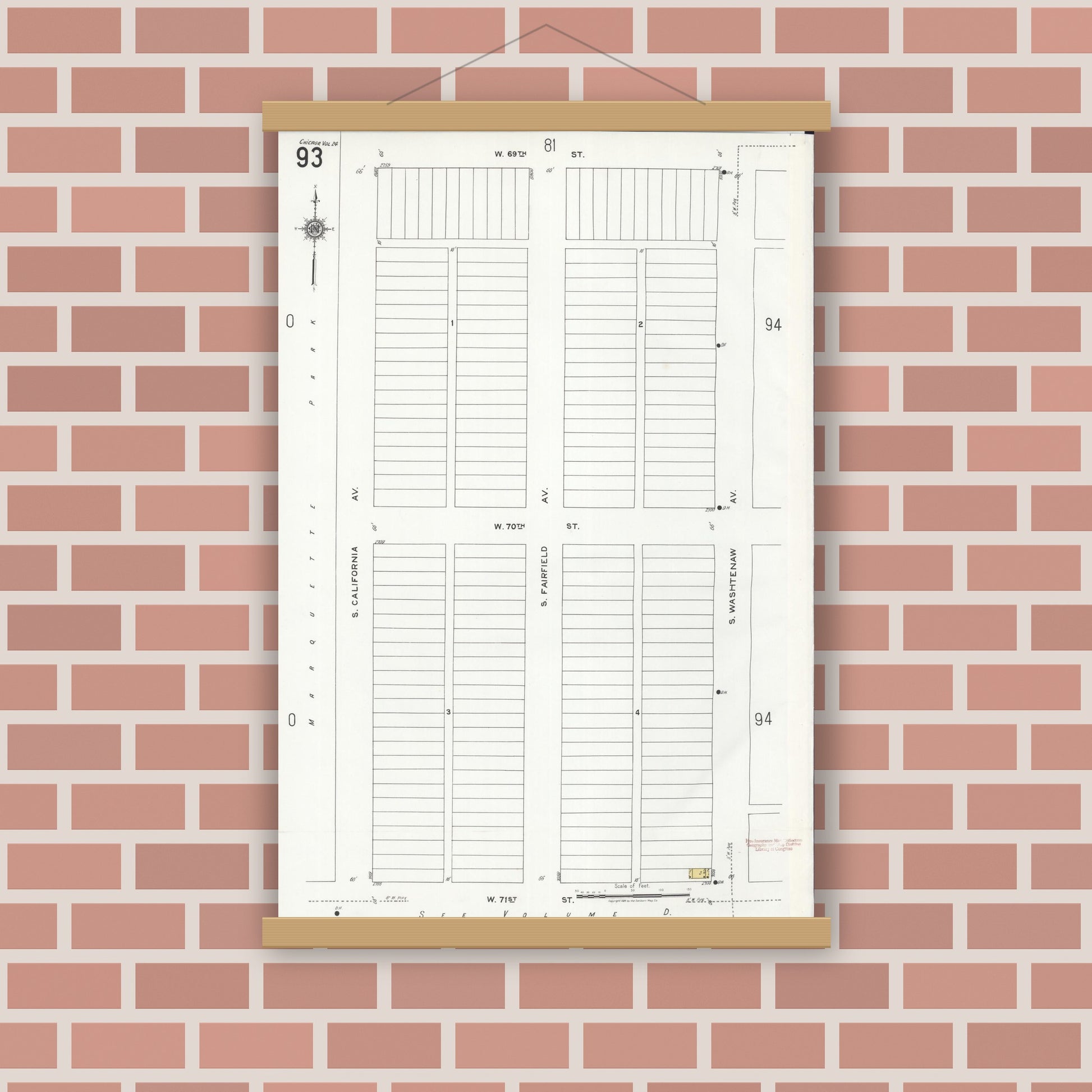 Old map wall art mockup — magnetic wood frame on brick wall — Sanborn Fire Insurance Map from Chicago, Cook County, Illinois (1920), Sheet #0093