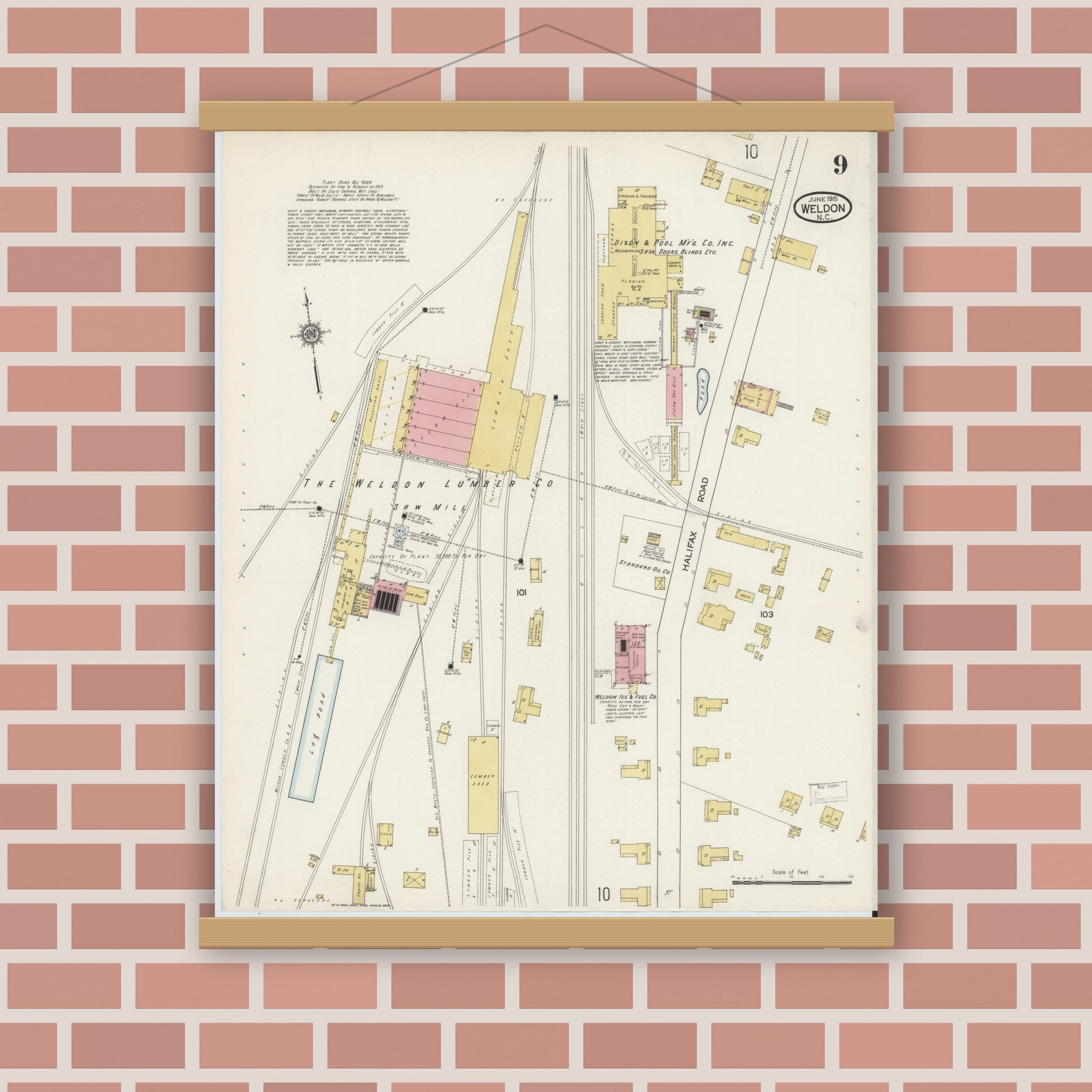 Old map wall art mockup — magnetic wood frame on brick wall — Sanborn Fire Insurance Map from Weldon, Halifax County, North Carolina (1915), Sheet #0009