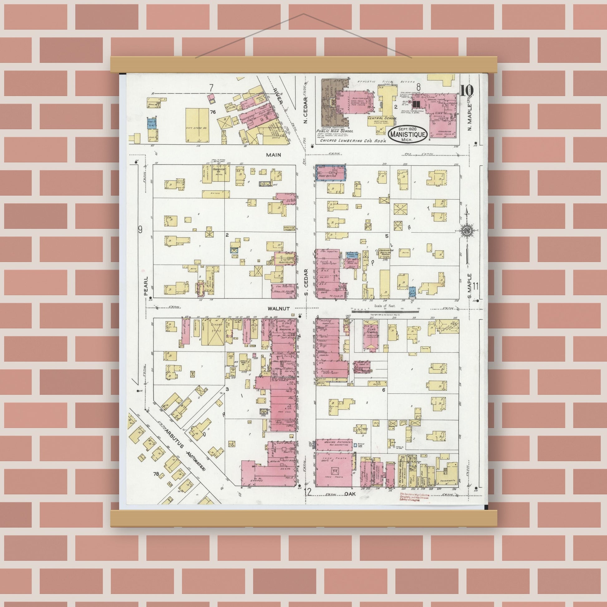 Old map wall art mockup — magnetic wood frame on brick wall — Sanborn Fire Insurance Map from Manistique, Schoolcraft County, Michigan (1920), Sheet #0010