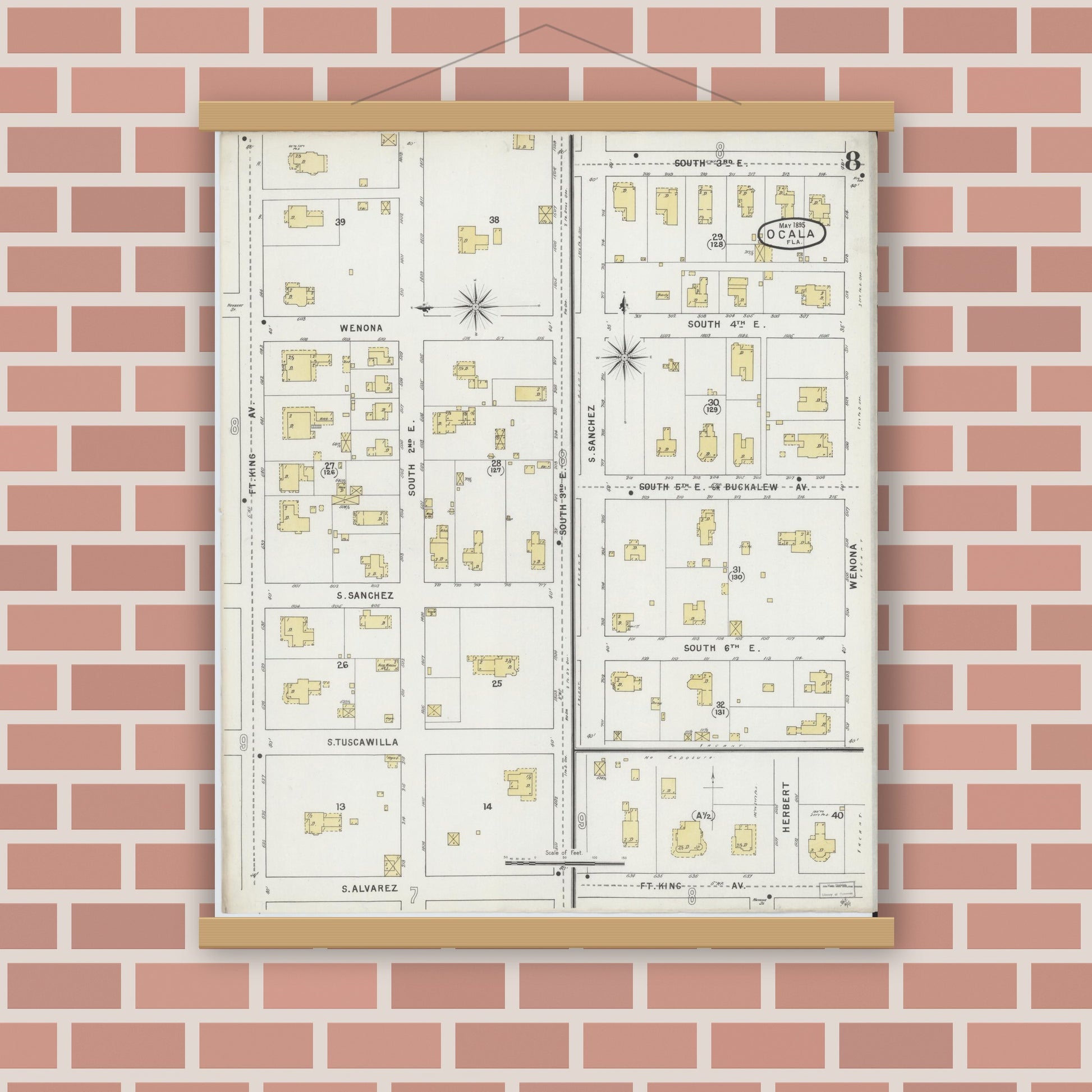 Old map wall art mockup — magnetic wood frame on brick wall — Sanborn Fire Insurance Map from Ocala, Marion County, Florida (1895), Sheet #0008