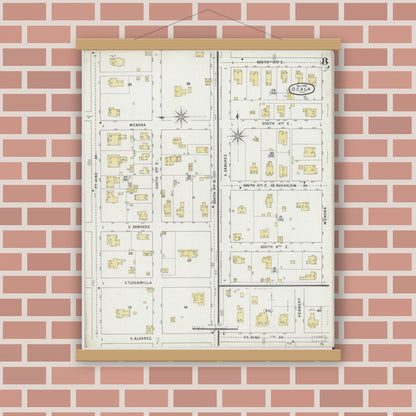 Old map wall art mockup — magnetic wood frame on brick wall — Sanborn Fire Insurance Map from Ocala, Marion County, Florida (1895), Sheet #0008