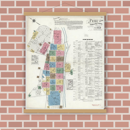 Old map wall art mockup — magnetic wood frame on brick wall — Sanborn Fire Insurance Map from Peru, Miami County, Indiana (1920), Sheet #0001