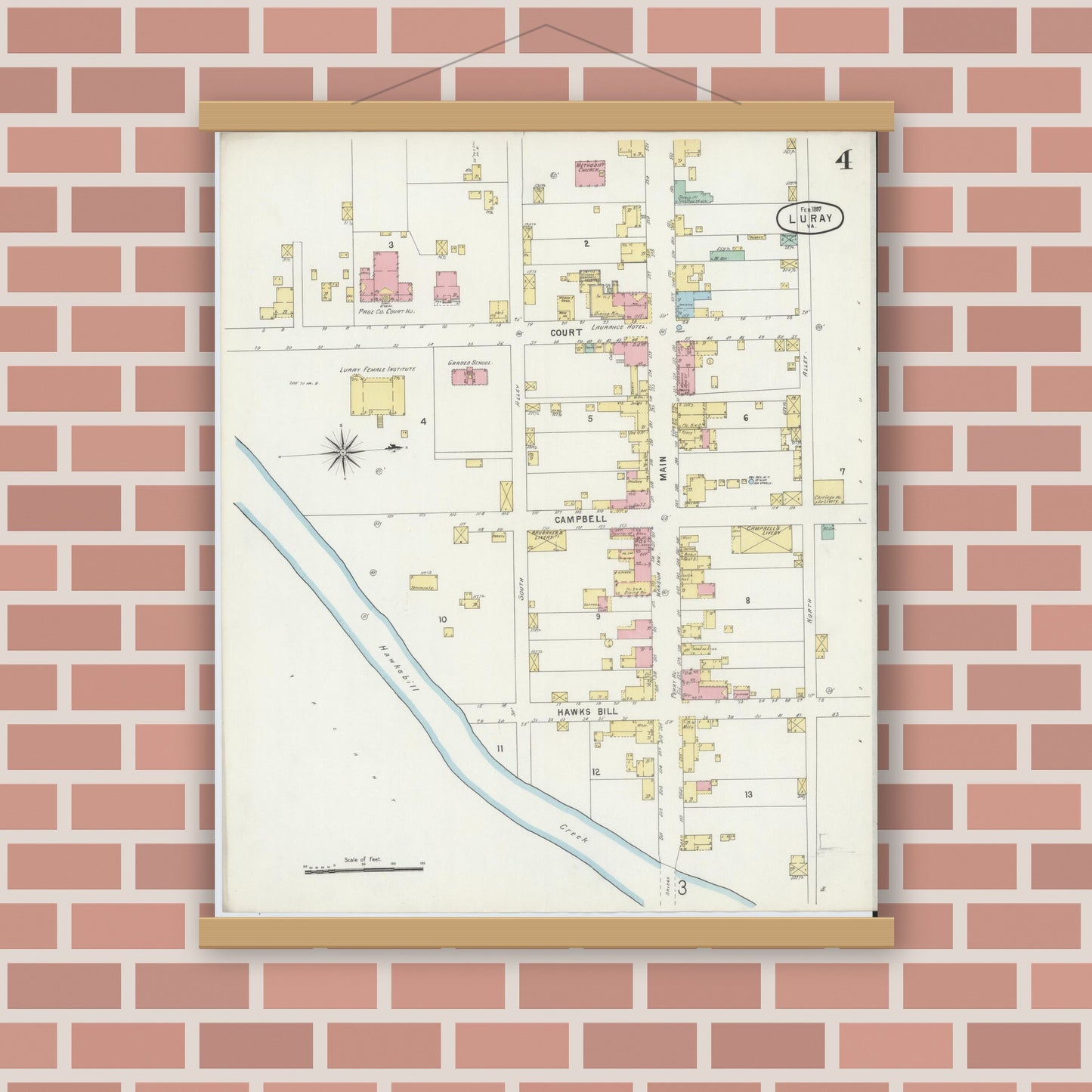 Old map wall art mockup — magnetic wood frame on brick wall — Sanborn Fire Insurance Map from Luray, Page County, Virginia (1897), Sheet #0004