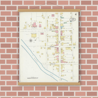 Old map wall art mockup — magnetic wood frame on brick wall — Sanborn Fire Insurance Map from Luray, Page County, Virginia (1897), Sheet #0004