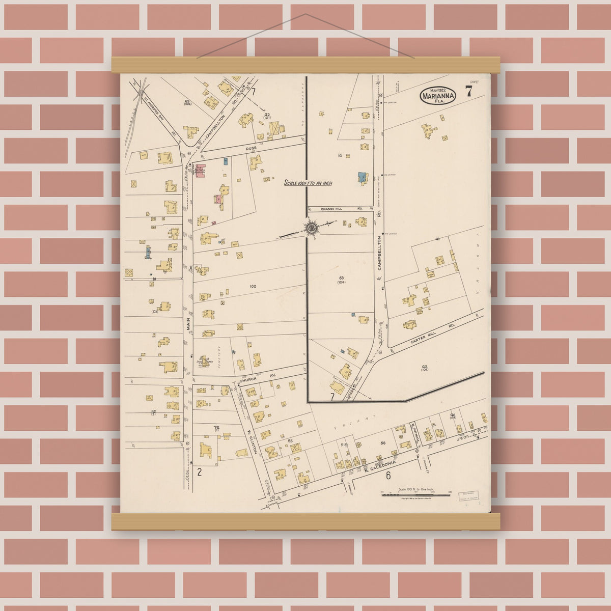 Old map wall art mockup — magnetic wood frame on brick wall — Sanborn Fire Insurance Map from Marianna, Jackson County, Florida (1922), Sheet #0007