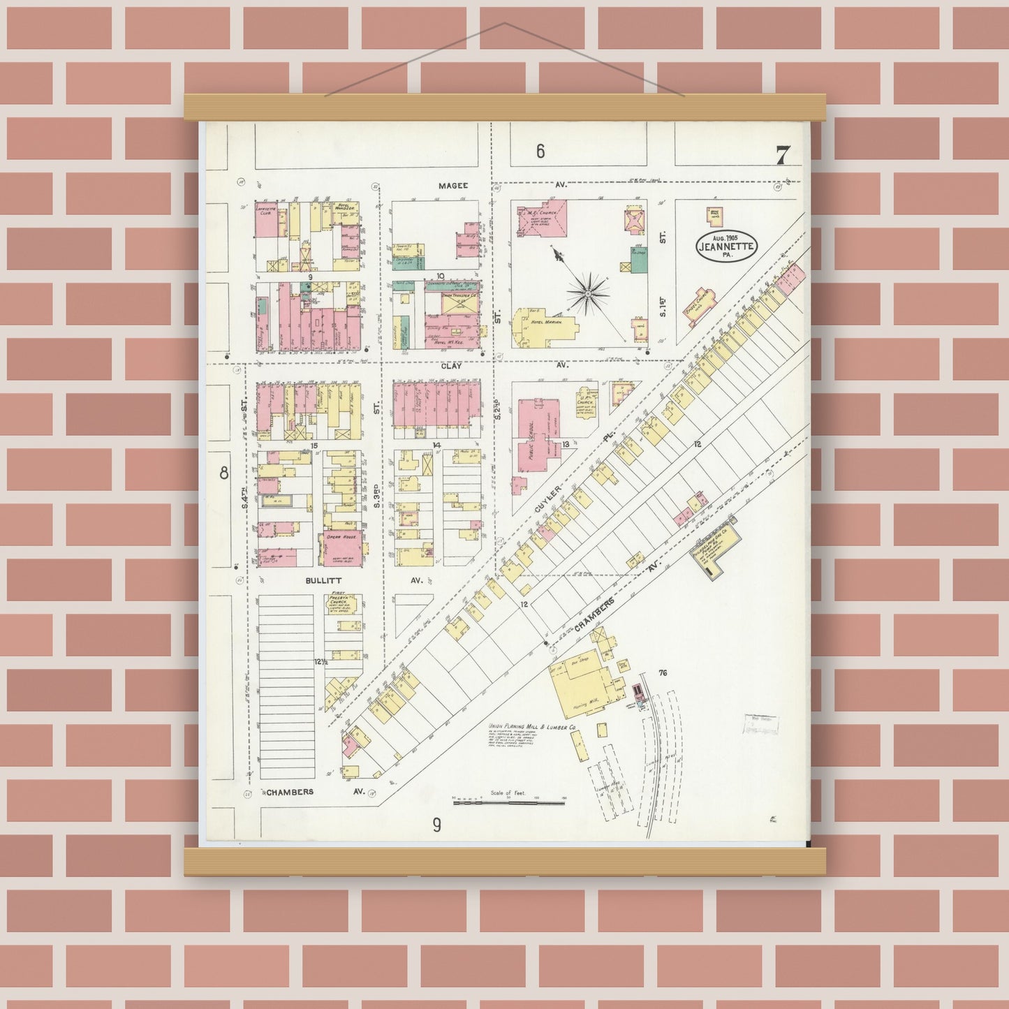 Old map wall art mockup — magnetic wood frame on brick wall — Sanborn Fire Insurance Map from Jeannette, Westmoreland County, Pennsylvania (1905), Sheet #0007