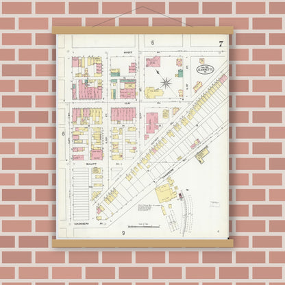 Old map wall art mockup — magnetic wood frame on brick wall — Sanborn Fire Insurance Map from Jeannette, Westmoreland County, Pennsylvania (1905), Sheet #0007