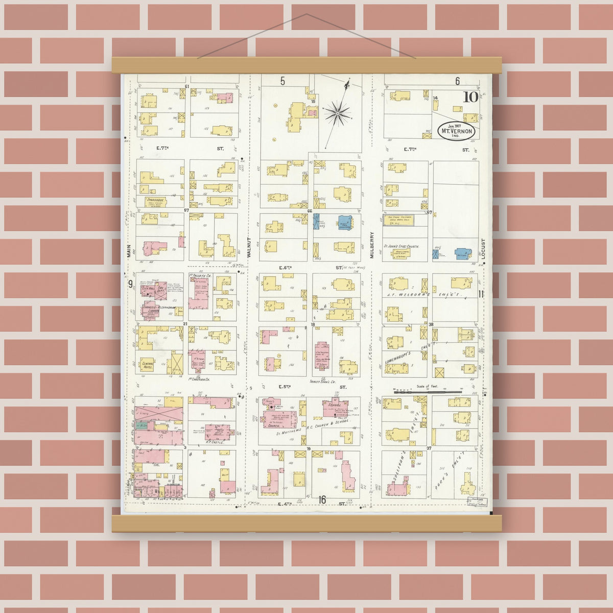 Old map wall art mockup — magnetic wood frame on brick wall — Sanborn Fire Insurance Map from Mount Vernon, Posey County, Indiana (1907), Sheet #0010