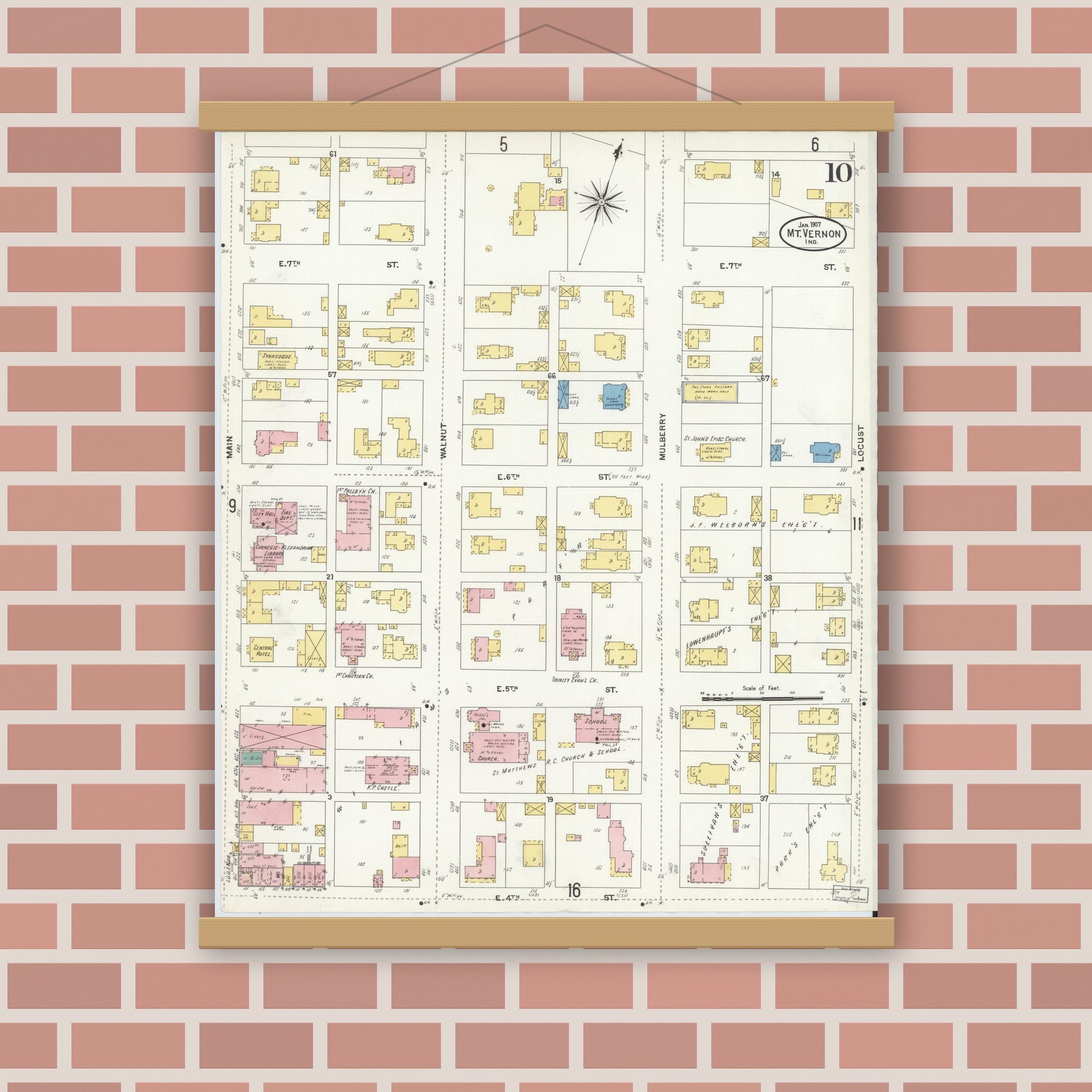 Old map wall art mockup — magnetic wood frame on brick wall — Sanborn Fire Insurance Map from Mount Vernon, Posey County, Indiana (1907), Sheet #0010