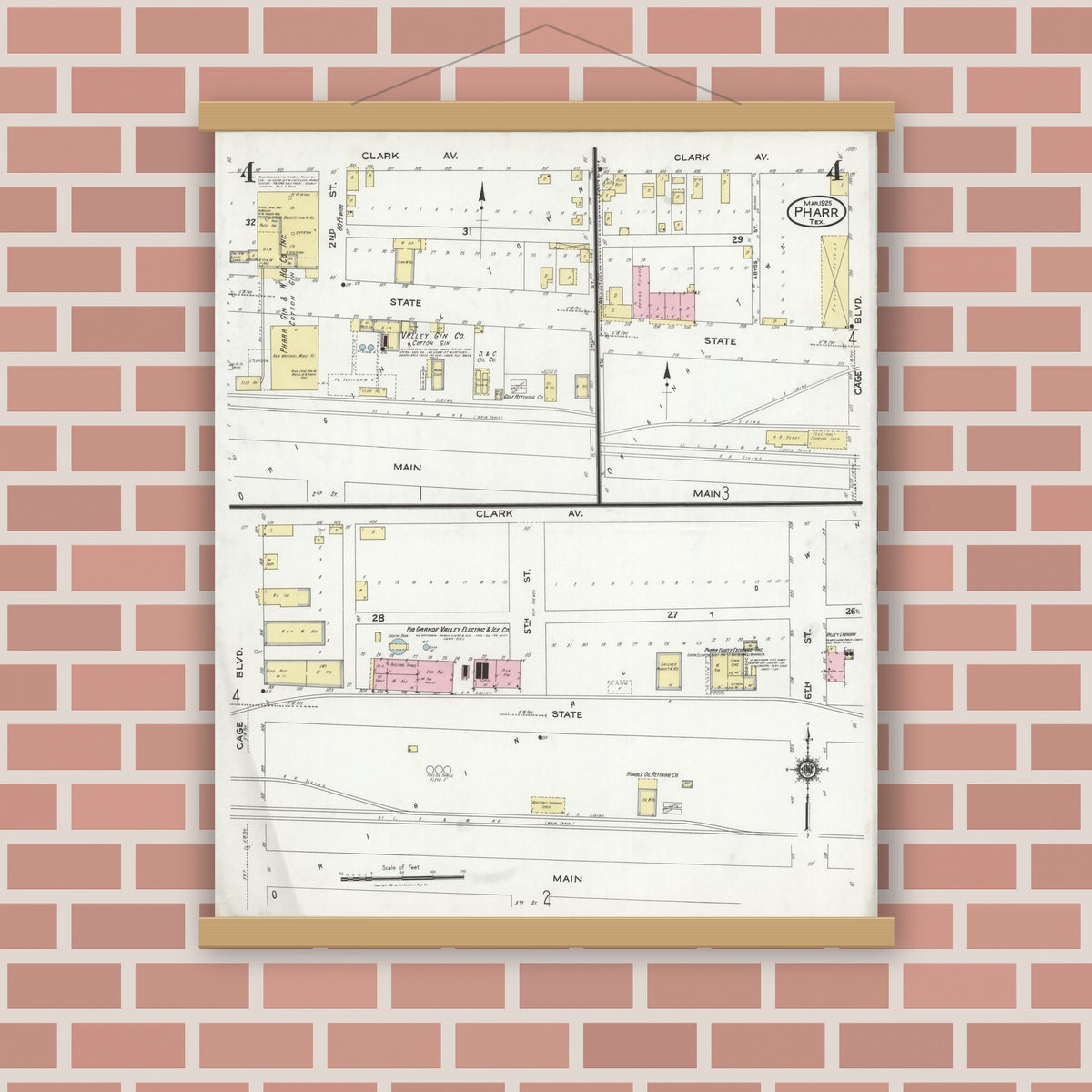 Old map wall art mockup — magnetic wood frame on brick wall — Sanborn Fire Insurance Map from Pharr, Hidalgo County, Texas (1925), Sheet #0004