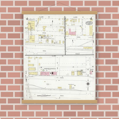 Old map wall art mockup — magnetic wood frame on brick wall — Sanborn Fire Insurance Map from Pharr, Hidalgo County, Texas (1925), Sheet #0004