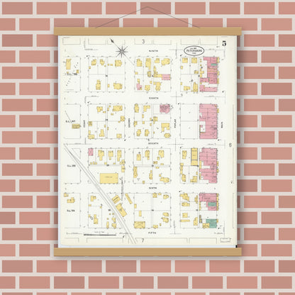 Old map wall art mockup — magnetic wood frame on brick wall — Sanborn Fire Insurance Map from Petersburg, Pike County, Indiana (1907), Sheet #0005