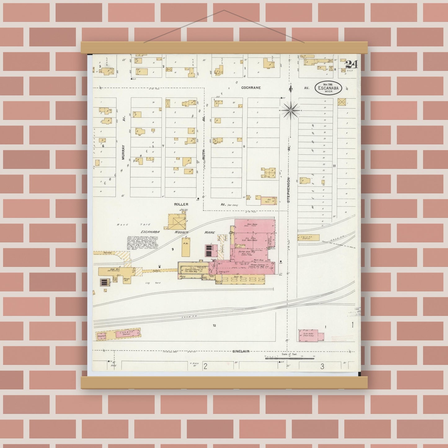 Old map wall art mockup — magnetic wood frame on brick wall — Sanborn Fire Insurance Map from Escanaba, Delta County, Michigan (1906), Sheet #0024