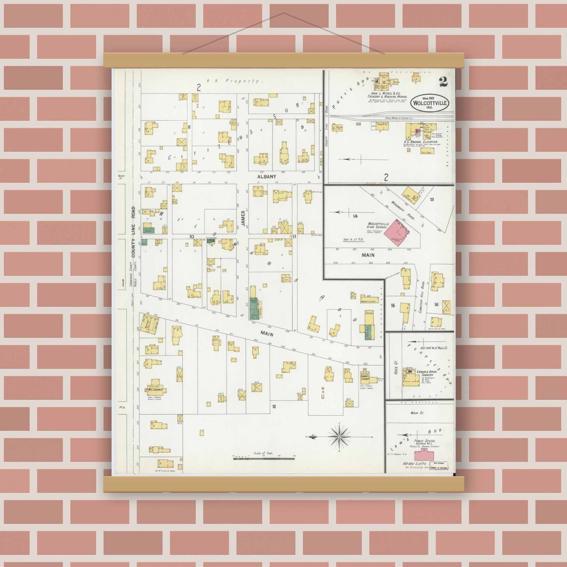 Old map wall art mockup — magnetic wood frame on brick wall — Sanborn Fire Insurance Map from Wolcottville, Noble And LaGrange Counties, Indiana (1901), Sheet #0002