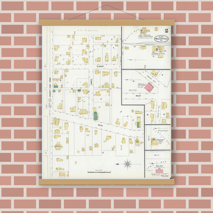Old map wall art mockup — magnetic wood frame on brick wall — Sanborn Fire Insurance Map from Wolcottville, Noble And LaGrange Counties, Indiana (1901), Sheet #0002