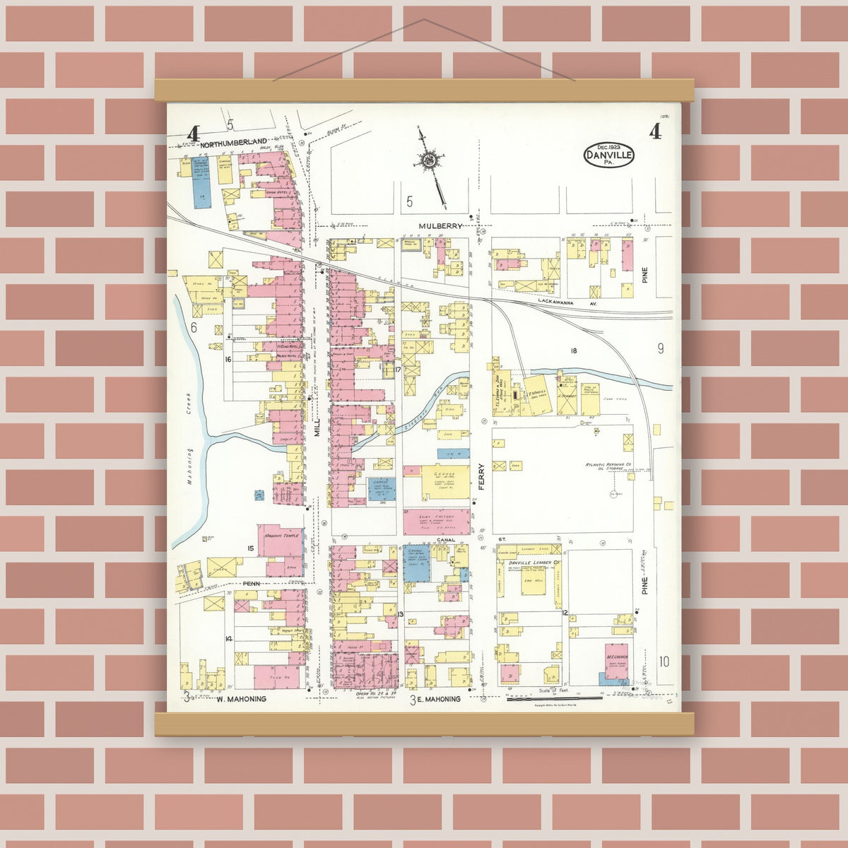 Old map wall art mockup — magnetic wood frame on brick wall — Sanborn Fire Insurance Map from Danville, Montour County, Pennsylvania (1923), Sheet #0004