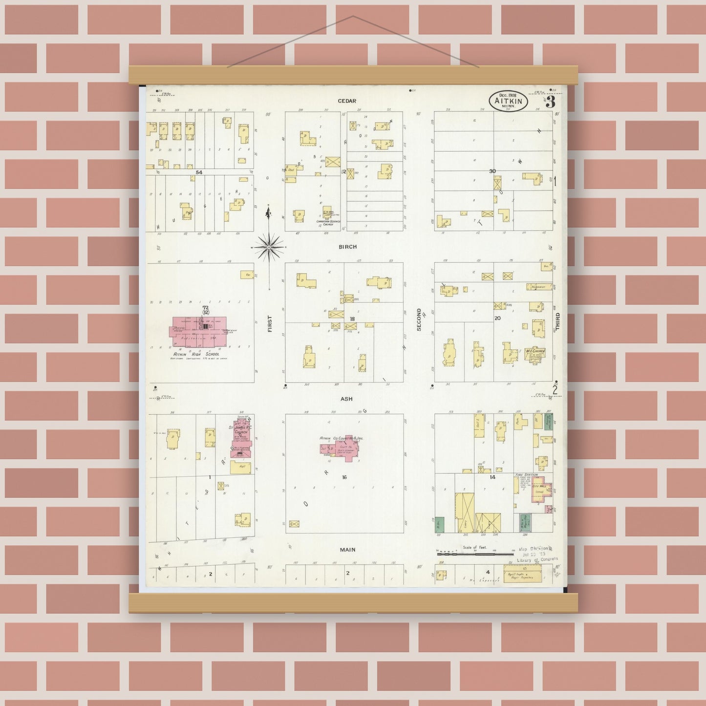 Old map wall art mockup — magnetic wood frame on brick wall — Sanborn Fire Insurance Map from Aitkin, Aitkin County, Minnesota (1908), Sheet #0003