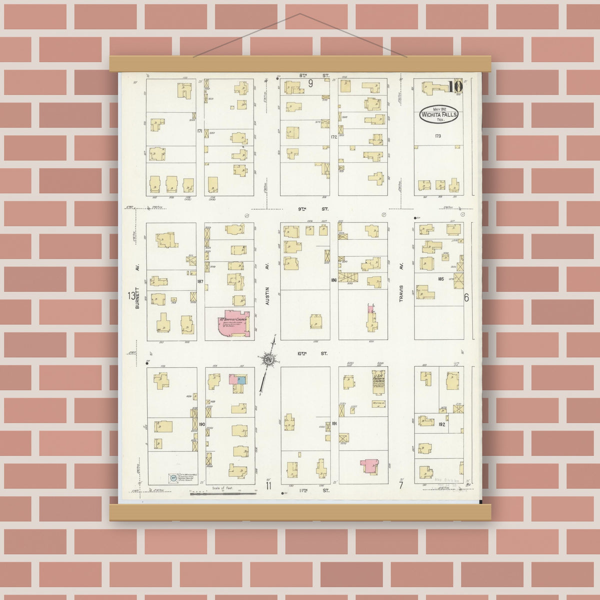 Old map wall art mockup — magnetic wood frame on brick wall — Sanborn Fire Insurance Map from Wichita Falls, Wichita County, Texas (1912), Sheet #0010
