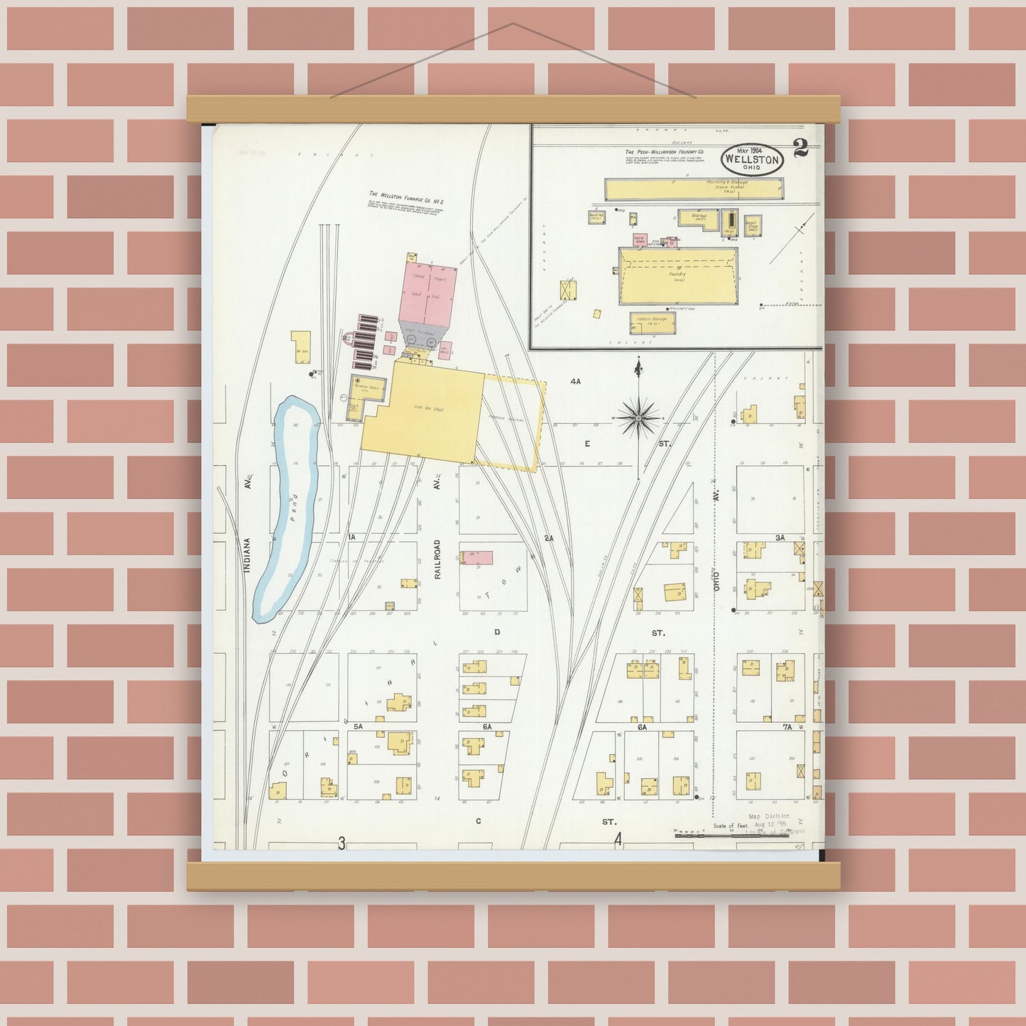 Old map wall art mockup — magnetic wood frame on brick wall — Sanborn Fire Insurance Map from Wellston, Jackson County, Ohio (1904), Sheet #0002