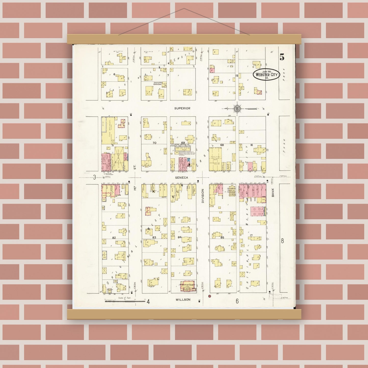 Old map wall art mockup — magnetic wood frame on brick wall — Sanborn Fire Insurance Map from Webster City, Hamilton County, Iowa (1915), Sheet #0005