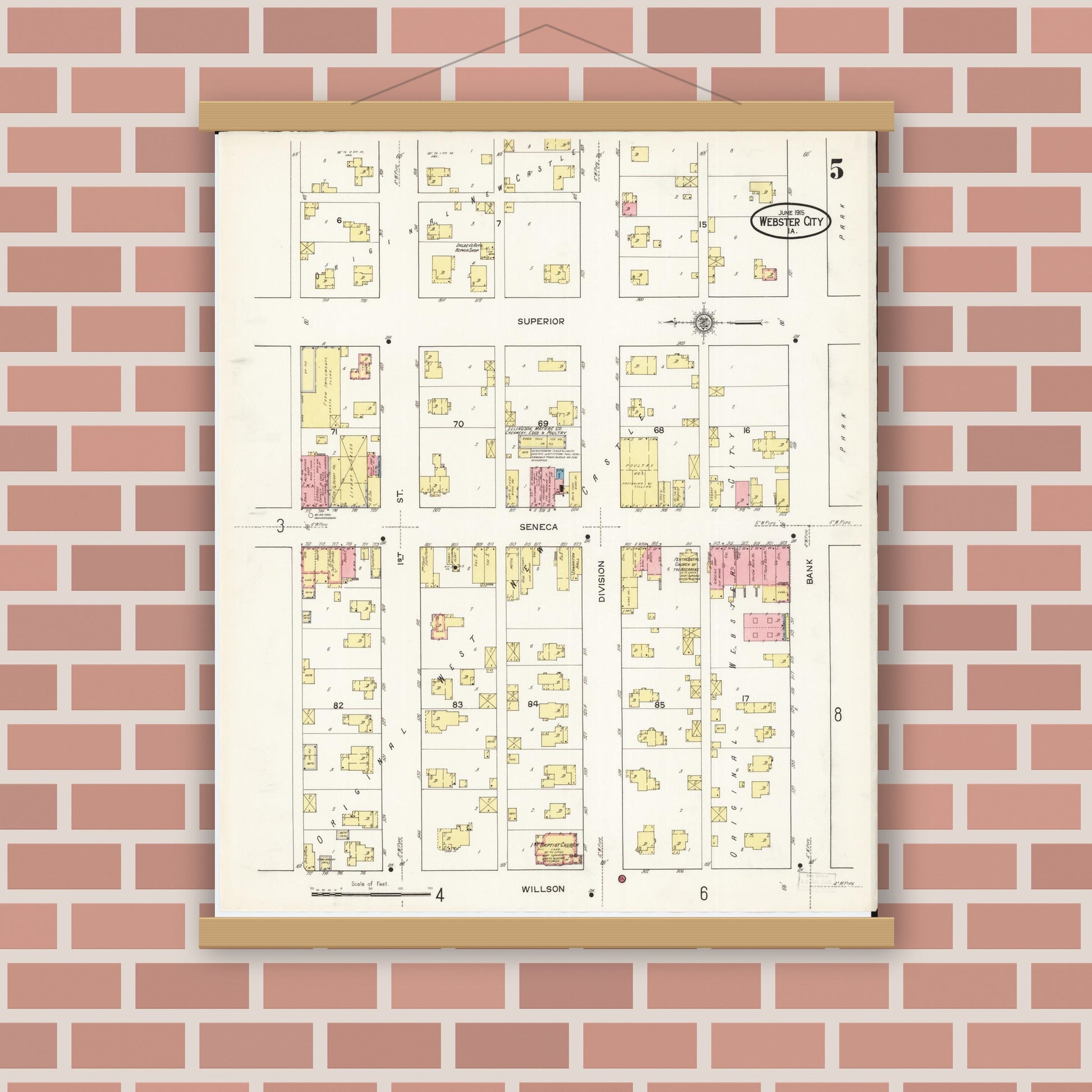 Old map wall art mockup — magnetic wood frame on brick wall — Sanborn Fire Insurance Map from Webster City, Hamilton County, Iowa (1915), Sheet #0005
