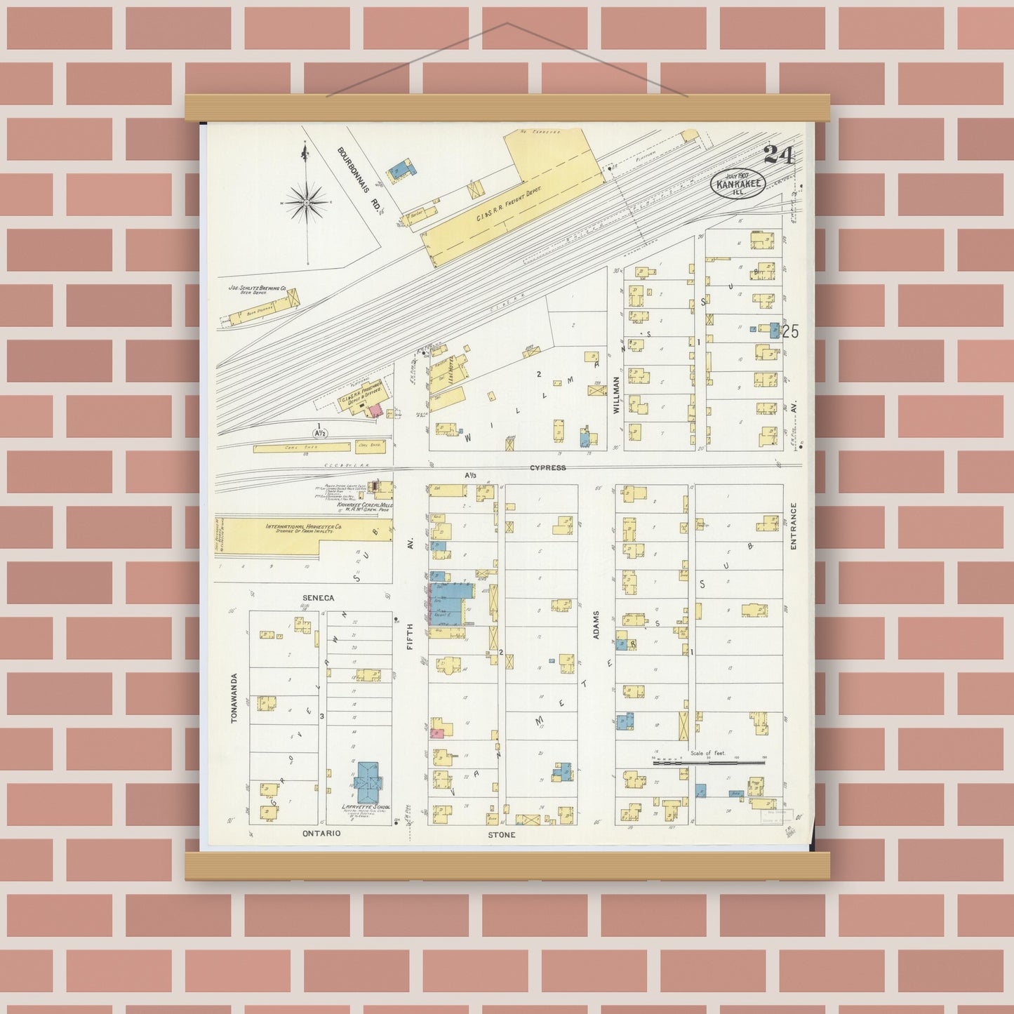 Old map wall art mockup — magnetic wood frame on brick wall — Sanborn Fire Insurance Map from Kankakee, Kankakee County, Illinois (1907), Sheet #0024