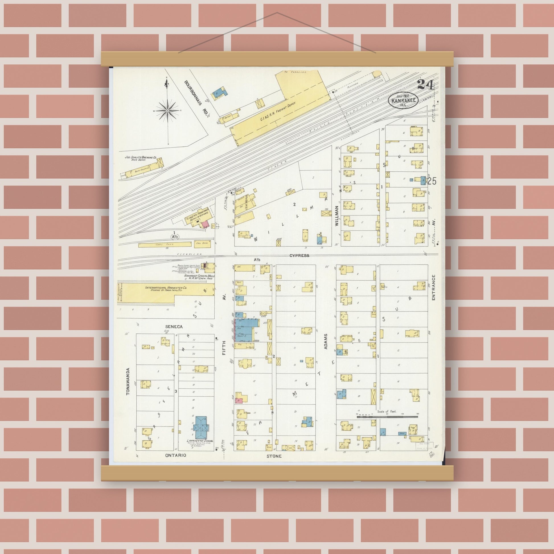 Old map wall art mockup — magnetic wood frame on brick wall — Sanborn Fire Insurance Map from Kankakee, Kankakee County, Illinois (1907), Sheet #0024