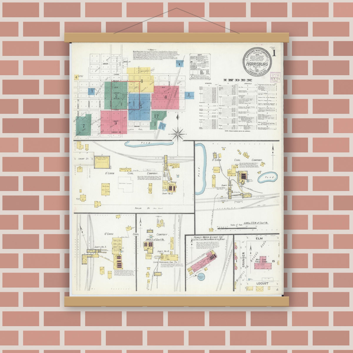 Old map wall art mockup — magnetic wood frame on brick wall — Sanborn Fire Insurance Map from Harrisburg, Saline County, Illinois (1907) - Complete Map Set