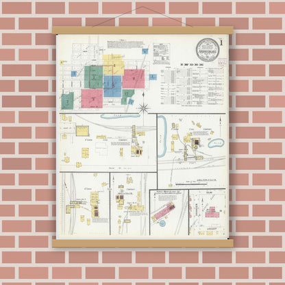 Old map wall art mockup — magnetic wood frame on brick wall — Sanborn Fire Insurance Map from Harrisburg, Saline County, Illinois (1907) - Complete Map Set