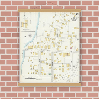 Old map wall art mockup — magnetic wood frame on brick wall — Sanborn Fire Insurance Map from Waltham, Middlesex County, Massachusetts (1897), Sheet #0017