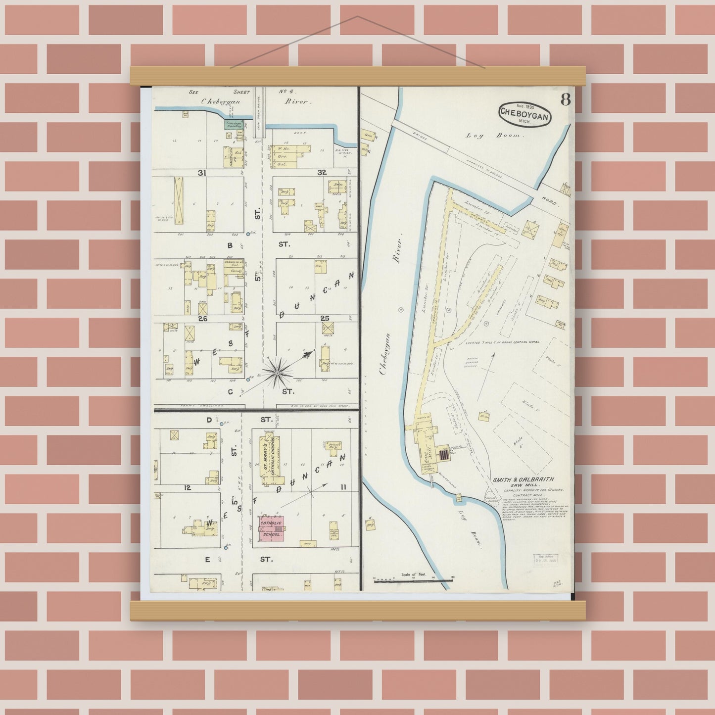 Old map wall art mockup — magnetic wood frame on brick wall — Sanborn Fire Insurance Map from Cheboygan, Cheboygan County, Michigan (1890), Sheet #0008