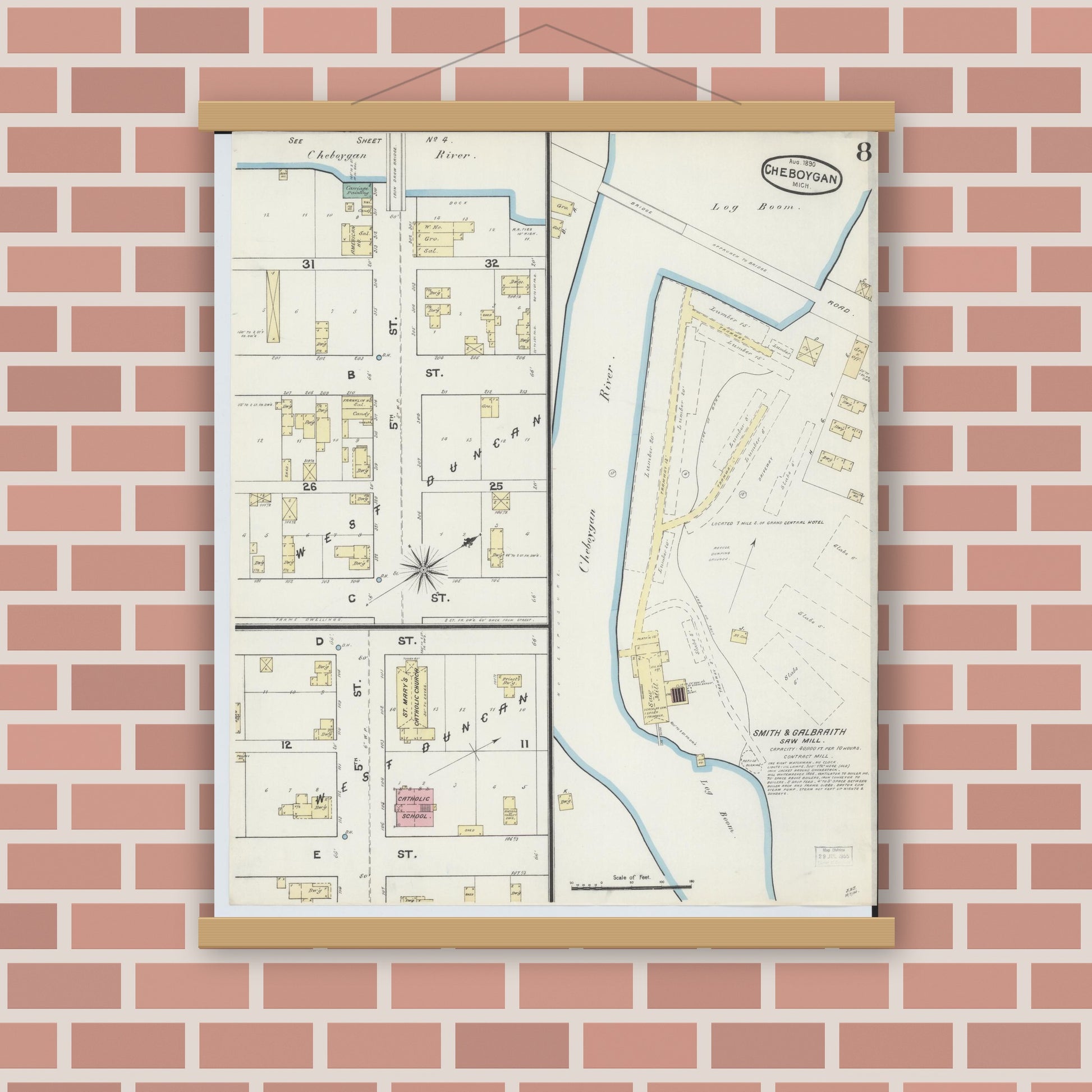 Old map wall art mockup — magnetic wood frame on brick wall — Sanborn Fire Insurance Map from Cheboygan, Cheboygan County, Michigan (1890), Sheet #0008