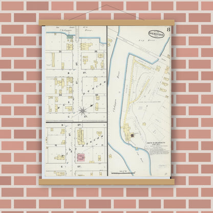 Old map wall art mockup — magnetic wood frame on brick wall — Sanborn Fire Insurance Map from Cheboygan, Cheboygan County, Michigan (1890), Sheet #0008