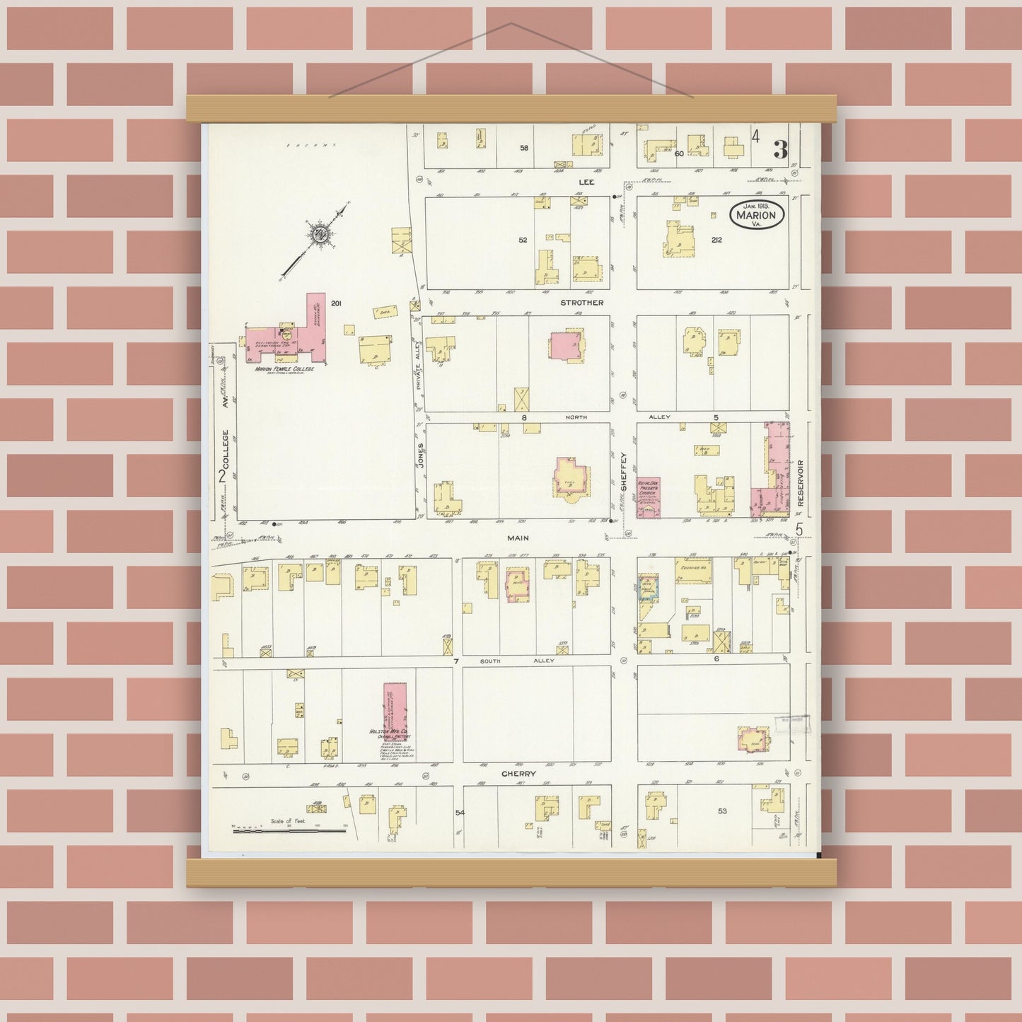 Old map wall art mockup — magnetic wood frame on brick wall — Sanborn Fire Insurance Map from Marion, Smyth County, Virginia (1913), Sheet #0003