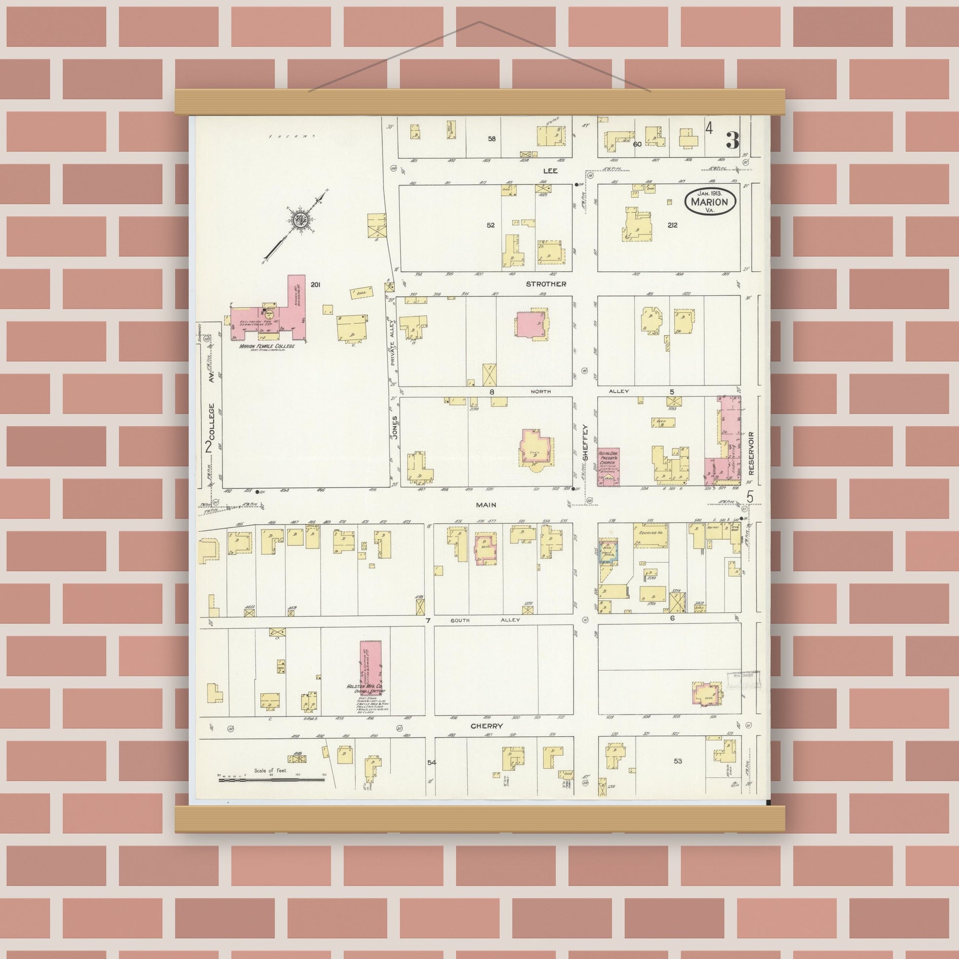Old map wall art mockup — magnetic wood frame on brick wall — Sanborn Fire Insurance Map from Marion, Smyth County, Virginia (1913), Sheet #0003