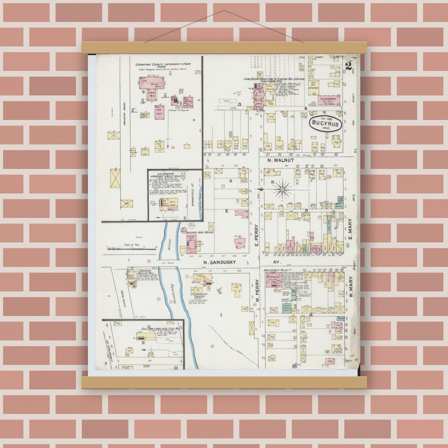 Old map wall art mockup — magnetic wood frame on brick wall — Sanborn Fire Insurance Map from Bucyrus, Crawford County, Ohio (1888), Sheet #0002