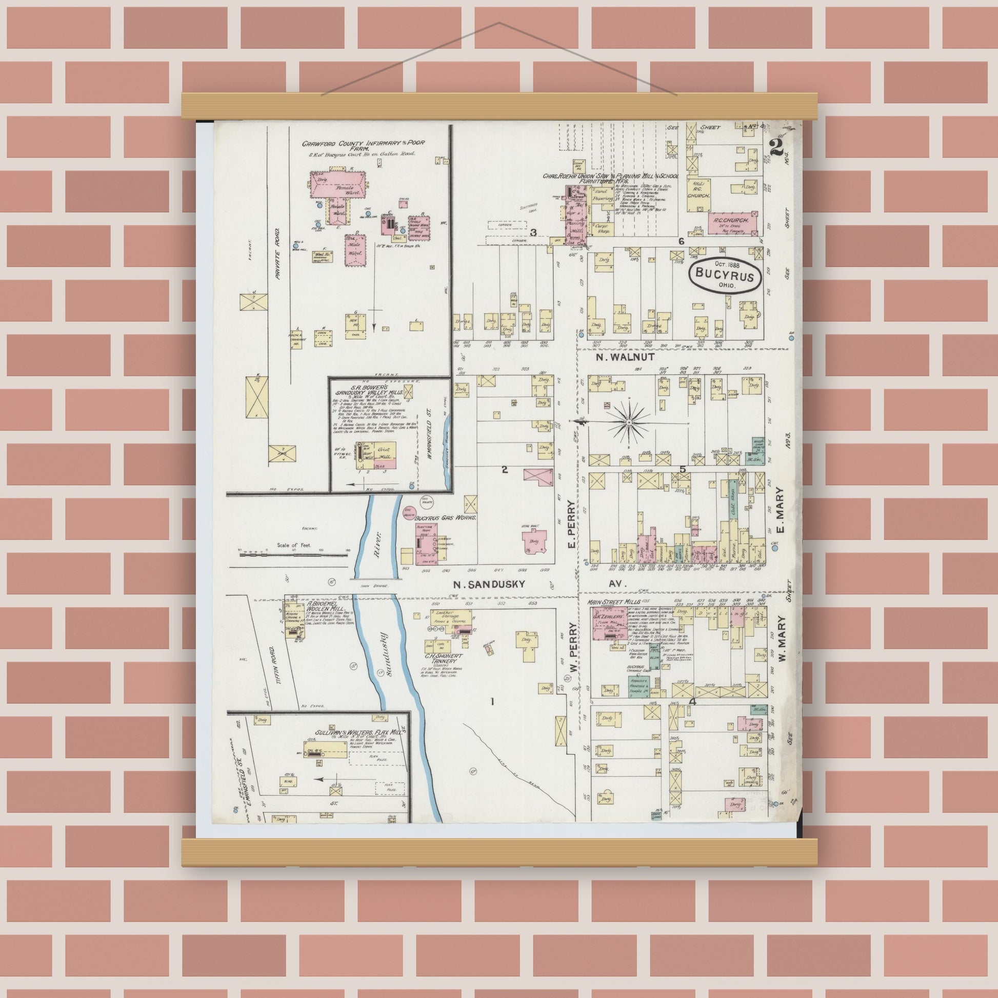 Old map wall art mockup — magnetic wood frame on brick wall — Sanborn Fire Insurance Map from Bucyrus, Crawford County, Ohio (1888), Sheet #0002