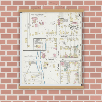 Old map wall art mockup — magnetic wood frame on brick wall — Sanborn Fire Insurance Map from Bucyrus, Crawford County, Ohio (1888), Sheet #0002