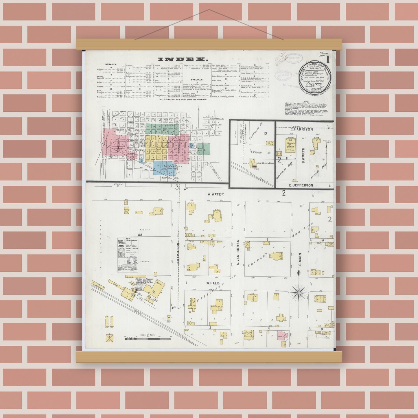Old map wall art mockup — magnetic wood frame on brick wall — Sanborn Fire Insurance Map from Sullivan, Moultrie County, Illinois (1898) - Complete Map Set