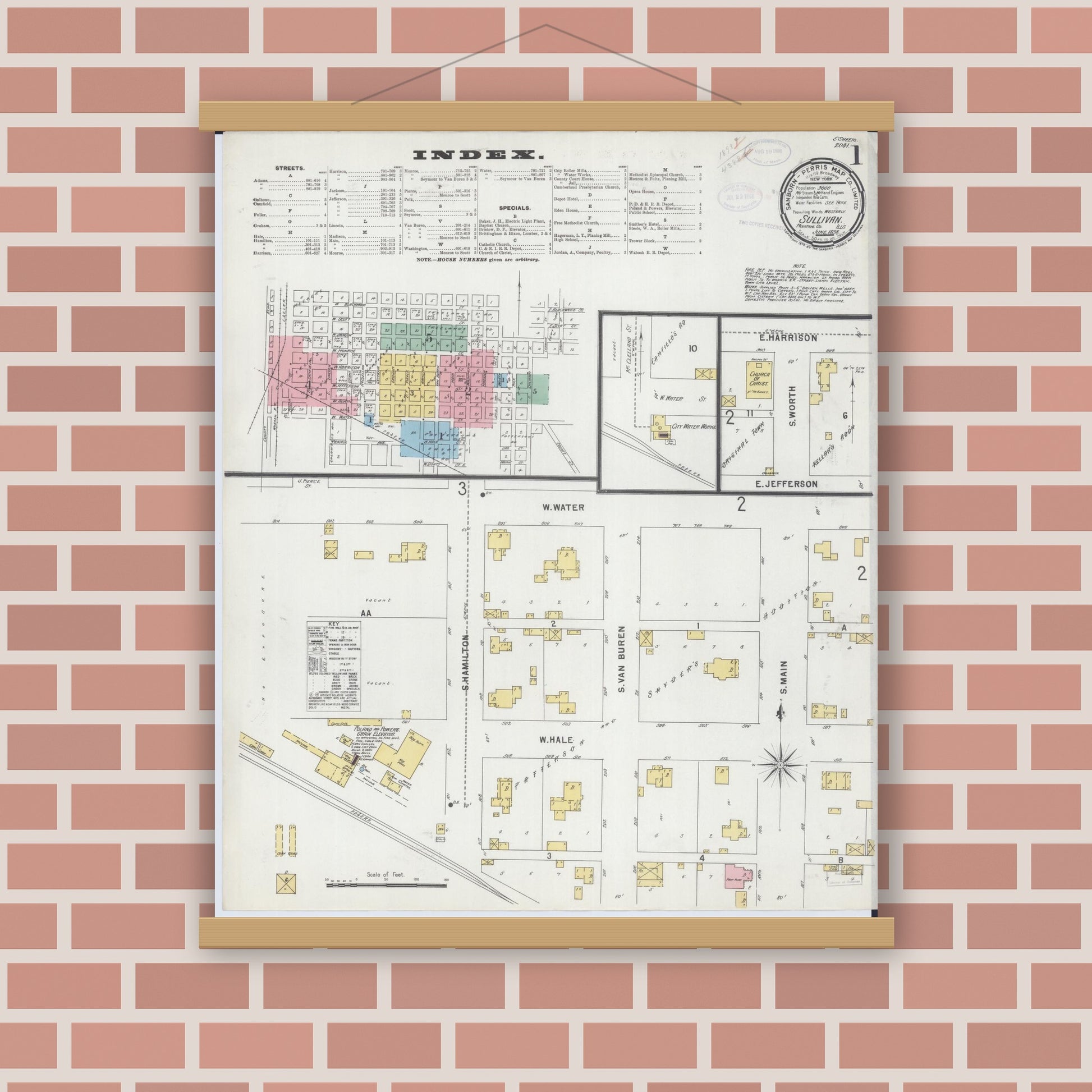 Old map wall art mockup — magnetic wood frame on brick wall — Sanborn Fire Insurance Map from Sullivan, Moultrie County, Illinois (1898) - Complete Map Set